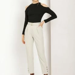 Allegra K Women's Belted High Waist Zipper Straight Solid Button Decor Pants