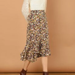 Allegra K Women's Floral Fall Elastic Waist Ruffle High Low Hem Vintage Skirt