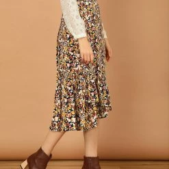 Allegra K Women's Floral Fall Elastic Waist Ruffle High Low Hem Vintage Skirt 25 Allegra K Women's Floral Fall Elastic Waist Ruffle High Low Hem Vintage Skirt