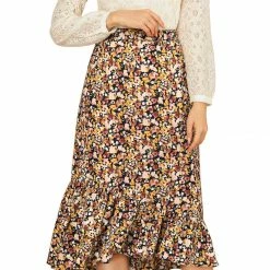 Allegra K Women's Floral Fall Elastic Waist Ruffle High Low Hem Vintage Skirt