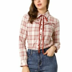 Allegra K Women's Ruffle Plaid Tartan Shirt Button Up Long Sleeve Tie Neck Cotton Top Blouse