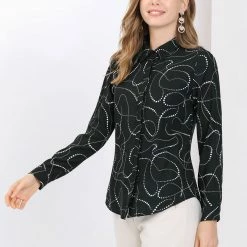 Allegra K Women's Business Long Sleeve Button Up Shirt Dots Point Collar Top Blouse