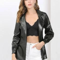 Allegra K Women's Long Sleeve Notched Lapel Open Front Button Cuff Tie Waist Belted Leather Biker Jacket