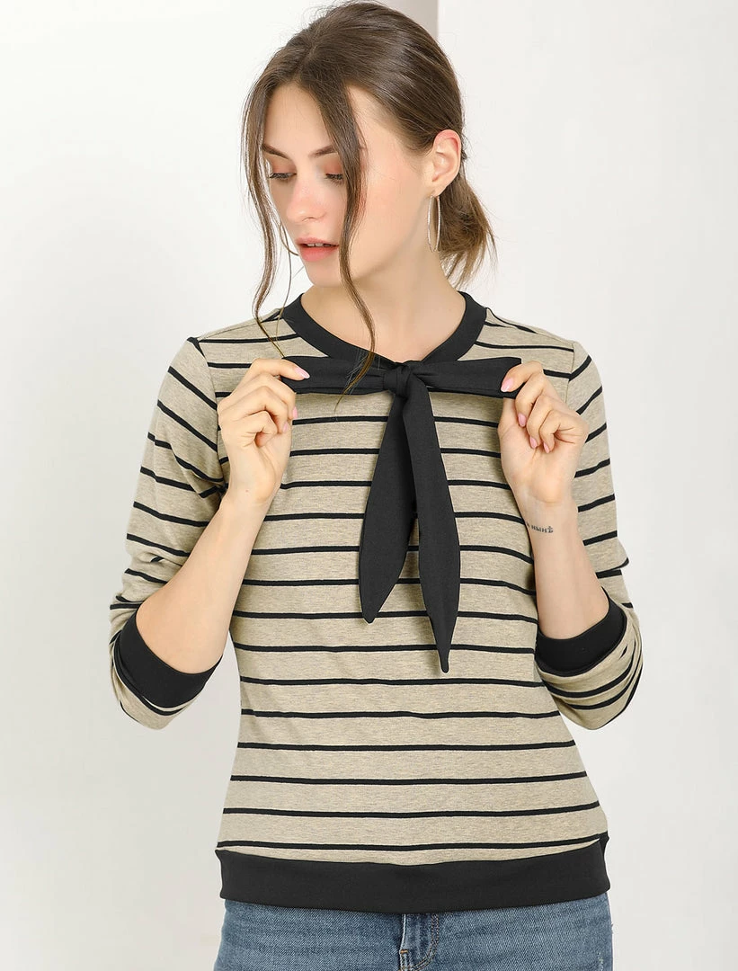 Allegra K Women's Work Contrast Stripe Knitted Top Crew Neck Bow Tie Blouse 4 Allegra K Women's Work Contrast Stripe Knitted Top Crew Neck Bow Tie Blouse