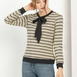 Allegra K Women's Work Contrast Stripe Knitted Top Crew Neck Bow Tie Blouse 22 Allegra K Women's Work Contrast Stripe Knitted Top Crew Neck Bow Tie Blouse