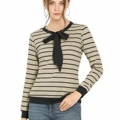 Allegra K Women's Work Contrast Stripe Knitted Top Crew Neck Bow Tie Blouse
