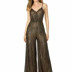 Allegra K Women's Metallic Elastic Waist Adjustable Strap Stretchy Knit Maxi Jumpsuit With Pocket