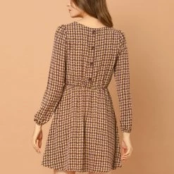 Allegra K Women's Vintage Round Neck Elastic Waist Puff Sleeve Plaid Dress