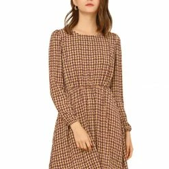 Allegra K Women's Vintage Round Neck Elastic Waist Puff Sleeve Plaid Dress