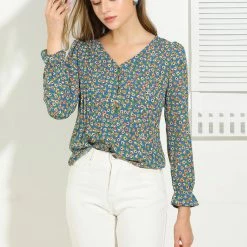 Allegra K Women's Pintuck Pleat Button Up Long Puff Sleeve Blouse V Neck Floral Top