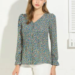 Allegra K Women's Pintuck Pleat Button Up Long Puff Sleeve Blouse V Neck Floral Top