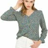 Allegra K Women's Pintuck Pleat Button Up Long Puff Sleeve Blouse V Neck Floral Top