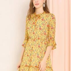 Allegra K Women's Flutter Sleeve Tie Neck Ruffle Hem Ditsy Floral Dress