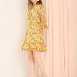 Allegra K Women's Flutter Sleeve Tie Neck Ruffle Hem Ditsy Floral Dress