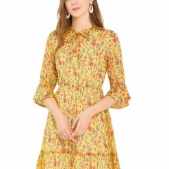 Allegra K Women's Flutter Sleeve Tie Neck Ruffle Hem Ditsy Floral Dress