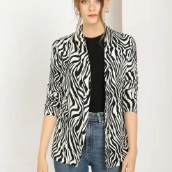 Allegra K Women's Fall Work Elegant Long Sleeves Shawl Collar Open Front Straight Knit Zebra Print Cardigan