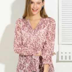 Allegra K Women's Puff Sleeve Floral Print Ruffled Pintuck Pleat Ruched Blouse Top