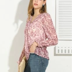 Allegra K Women's Puff Sleeve Floral Print Ruffled Pintuck Pleat Ruched Blouse Top