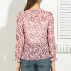 Allegra K Women's Puff Sleeve Floral Print Ruffled Pintuck Pleat Ruched Blouse Top