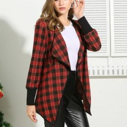 Allegra K Women's Plaid Long Sleeve Lapel Open Front Outerwear Cardigan