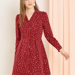 Allegra K Women's Vintage Polka Dots Notched Lapel V Neck Button Up Shirt Dress