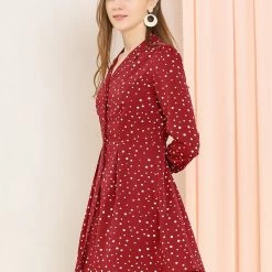 Allegra K Women's Vintage Polka Dots Notched Lapel V Neck Button Up Shirt Dress