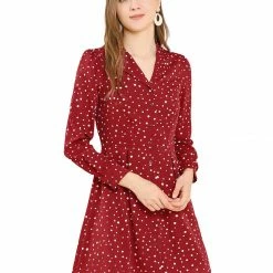 Allegra K Women's Vintage Polka Dots Notched Lapel V Neck Button Up Shirt Dress