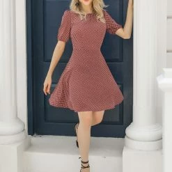 Allegra K Women's Puff Sleeve Casual Keyhole A-Line Flowy Plaid Dress