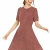 Allegra K Women's Puff Sleeve Casual Keyhole A-Line Flowy Plaid Dress