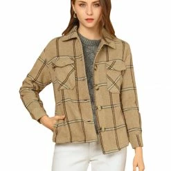 Allegra K Women's Plaid Turndown Collar Single Breasted Winter Jacket With Pockets