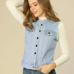 Allegra K Women's Button Down Stand Collar Cotton Trim Denim Washed Vest