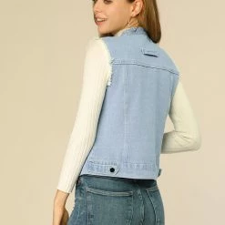 Allegra K Women's Button Down Stand Collar Cotton Trim Denim Washed Vest