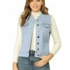 Allegra K Women's Button Down Stand Collar Cotton Trim Denim Washed Vest