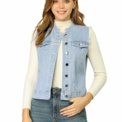 Allegra K Women's Button Down Stand Collar Cotton Trim Denim Washed Vest