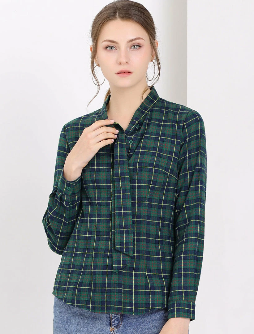 Allegra K Women's Plaid Tie Neck Button Down Long Sleeves Shirt Blouse 4 Allegra K Women's Plaid Tie Neck Button Down Long Sleeves Shirt Blouse
