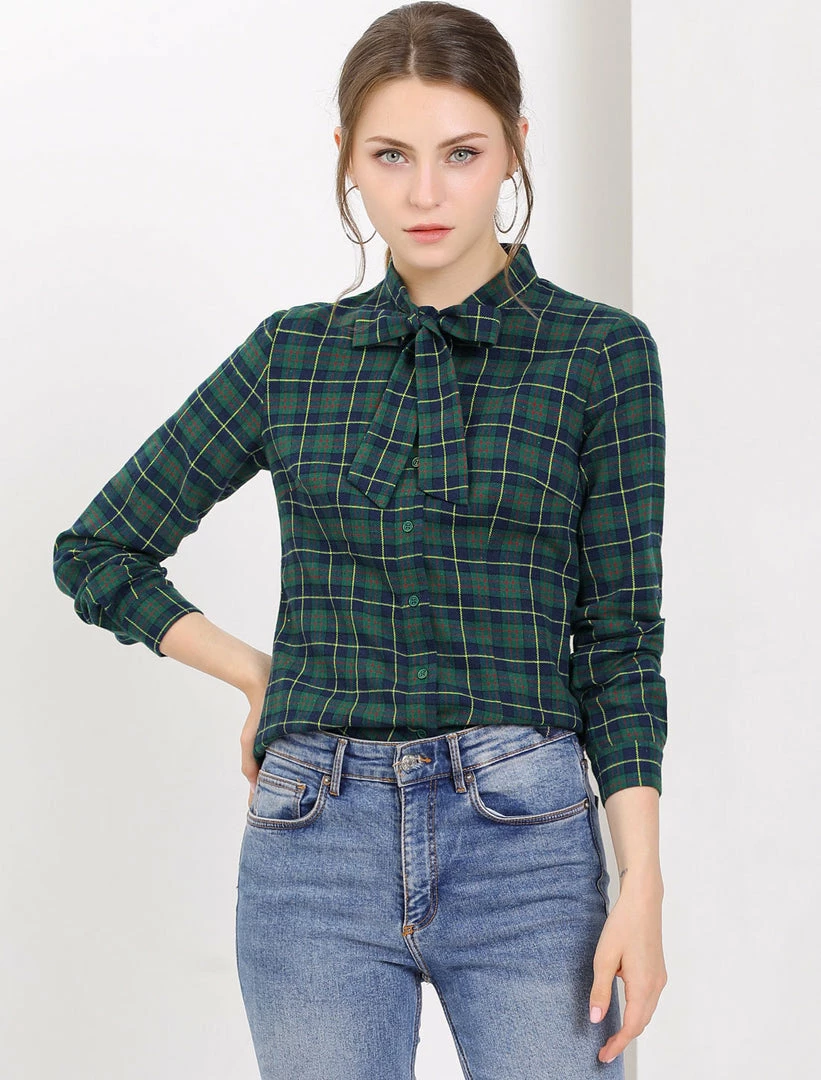 Allegra K Women's Plaid Tie Neck Button Down Long Sleeves Shirt Blouse 5 Allegra K Women's Plaid Tie Neck Button Down Long Sleeves Shirt Blouse