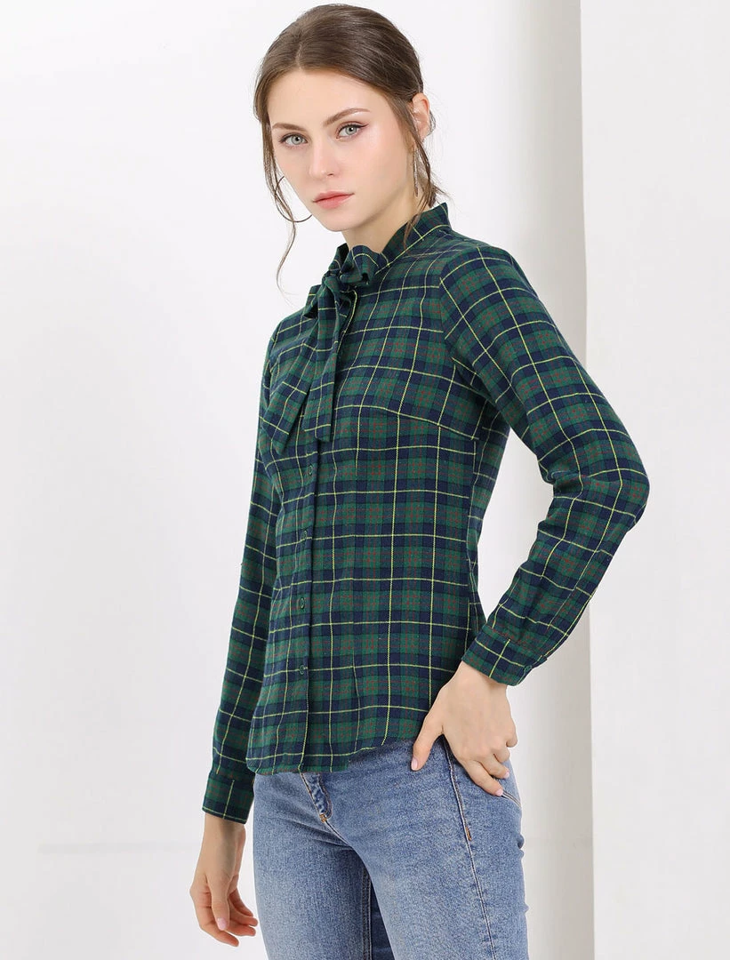 Allegra K Women's Plaid Tie Neck Button Down Long Sleeves Shirt Blouse 6 Allegra K Women's Plaid Tie Neck Button Down Long Sleeves Shirt Blouse