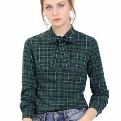 Allegra K Women's Plaid Tie Neck Button Down Long Sleeves Shirt Blouse