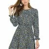 Allegra K Women's Floral Ruffle Long Sleeves Round Neck Belt Autumn Dress