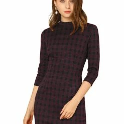 Allegra K Women's Vintage Stand Collar 3/4 Sleeve Plaid Dress