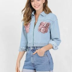 Allegra K Women's Casual Sequin Shiny Sparkle Drop Long Sleeves Zipper Crop Denim Jacket