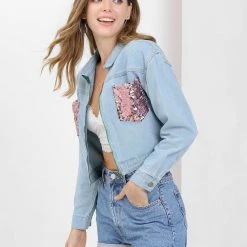 Allegra K Women's Casual Sequin Shiny Sparkle Drop Long Sleeves Zipper Crop Denim Jacket