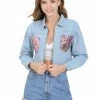 Allegra K Women's Casual Sequin Shiny Sparkle Drop Long Sleeves Zipper Crop Denim Jacket