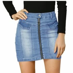 Allegra K Women's Denim Skirts Zip Front Slim Fit High Waist Mini Jean Skirt