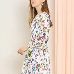 Allegra K Women's Ruffle Hem V Neck Long Sleeve A-line Floral Dress With Belt