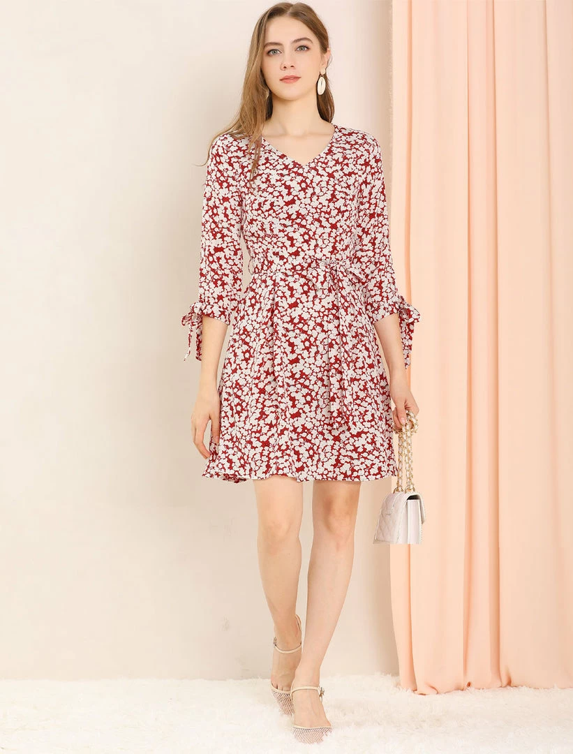 Allegra K Women's Floral Printed Bow Tie V Neck 3/4 Sleeve Above Knee Elegant Dress 4 Allegra K Women's Floral Printed Bow Tie V Neck 3/4 Sleeve Above Knee Elegant Dress