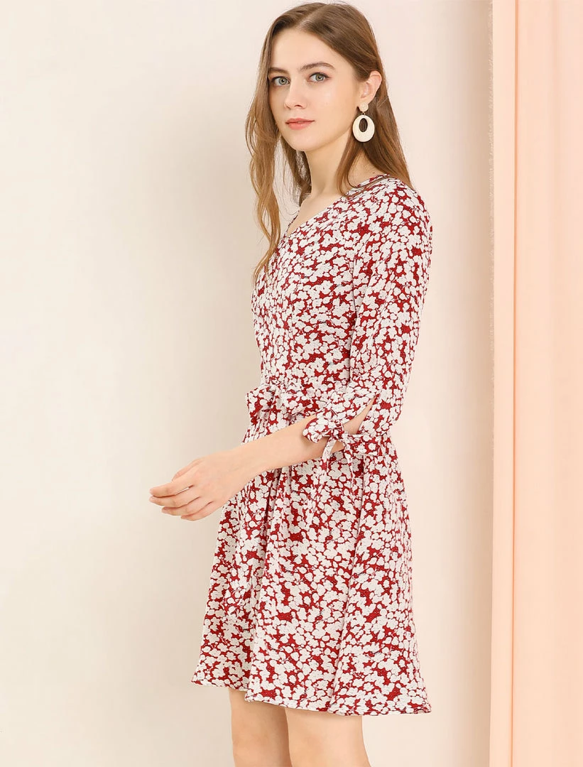 Allegra K Women's Floral Printed Bow Tie V Neck 3/4 Sleeve Above Knee Elegant Dress 5 Allegra K Women's Floral Printed Bow Tie V Neck 3/4 Sleeve Above Knee Elegant Dress