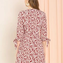 Allegra K Women's Floral Printed Bow Tie V Neck 3/4 Sleeve Above Knee Elegant Dress 19 Allegra K Women's Floral Printed Bow Tie V Neck 3/4 Sleeve Above Knee Elegant Dress