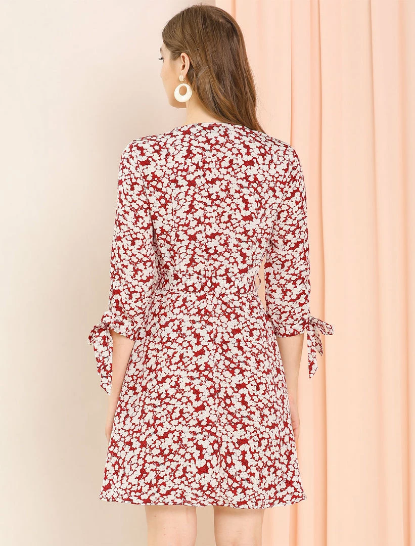 Allegra K Women's Floral Printed Bow Tie V Neck 3/4 Sleeve Above Knee Elegant Dress 6 Allegra K Women's Floral Printed Bow Tie V Neck 3/4 Sleeve Above Knee Elegant Dress