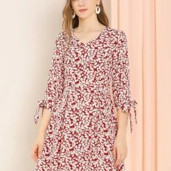 Allegra K Women's Floral Printed Bow Tie V Neck 3/4 Sleeve Above Knee Elegant Dress 20 Allegra K Women's Floral Printed Bow Tie V Neck 3/4 Sleeve Above Knee Elegant Dress